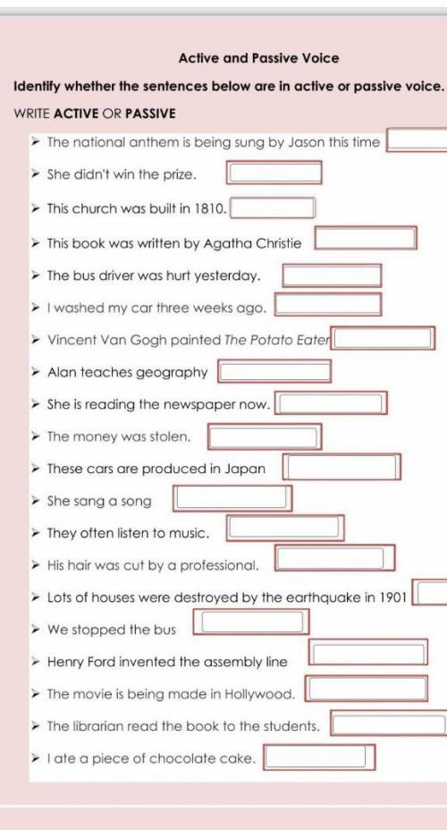 Active and Passive Voice Identify whether the sentences below are in active or passive voice. WRITE