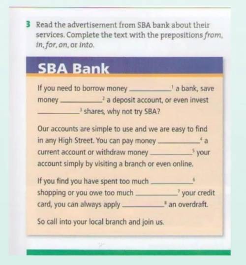 Read the advertisement from SBA bank about their services. Complete the text with the prepositions f