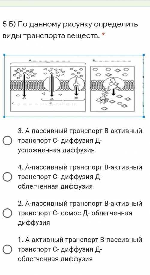 ) По данному рисунку определить виды транспорта веществ. * ￼ 3. А-пассивный транспорт В-активный тра