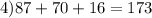 4) 87+70+16=173