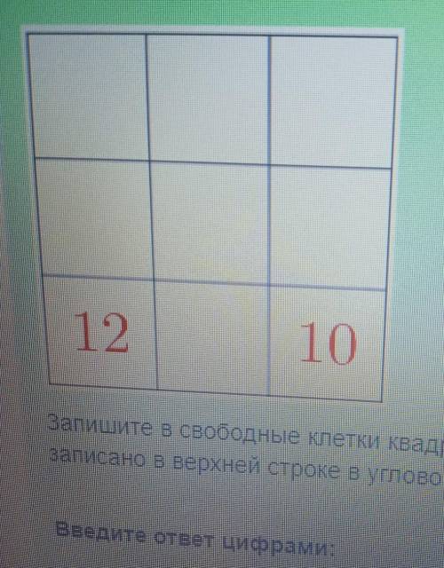 Запишите в свободные клетки квадрата числа 5, 6, 7, 8, 9, 11, 13 так, чтобы сумма чисел во всех стро