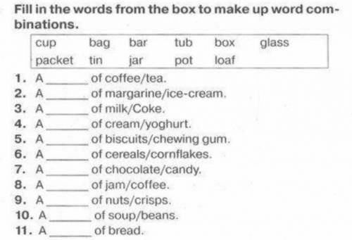 1. Fill in the words from the box to make up word com- binations cup bag bar tub box glass packet ti