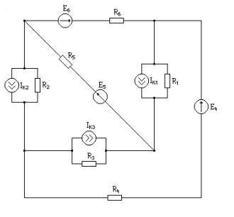 Методом эквивалентного генератора определить ток в пятой ветви с элементами E5 и R5. Iк1=2 А Iк2=1