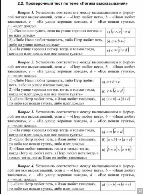 2.2. Проверочный тест по теме «Логика высказываний» Вопрос 1. Установить соответствие между высказыв