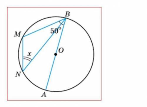 O - центр кола, кут  MBA дорівнює 50°. Знайдіть х.