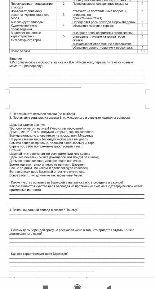 Задание 1.Используя слова и обороты из сказки В.А. Жуковского, перечислите ее основные моменты (по п