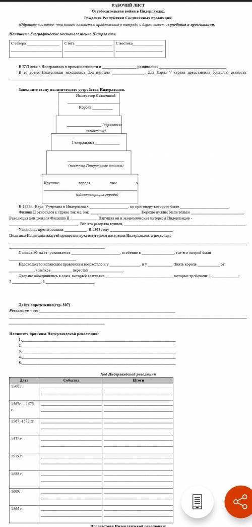 Рабочий лист: освободительная война в Нидерландах. Рождёные Республики соеденённых провинций