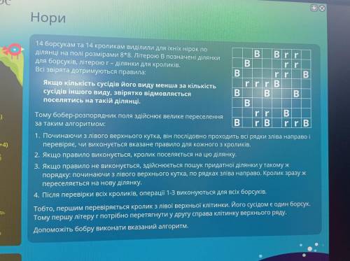 Brr 14 борсукам та 14 кроликам виділили для їхніх нірок по ділянці на полі розмірами 8*8. Літерою В