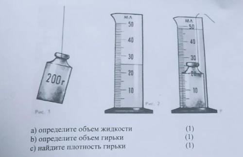 на рисунке показана гирька помещена в мензурки с водой указано на рисунке.а)Определите объём жидкост