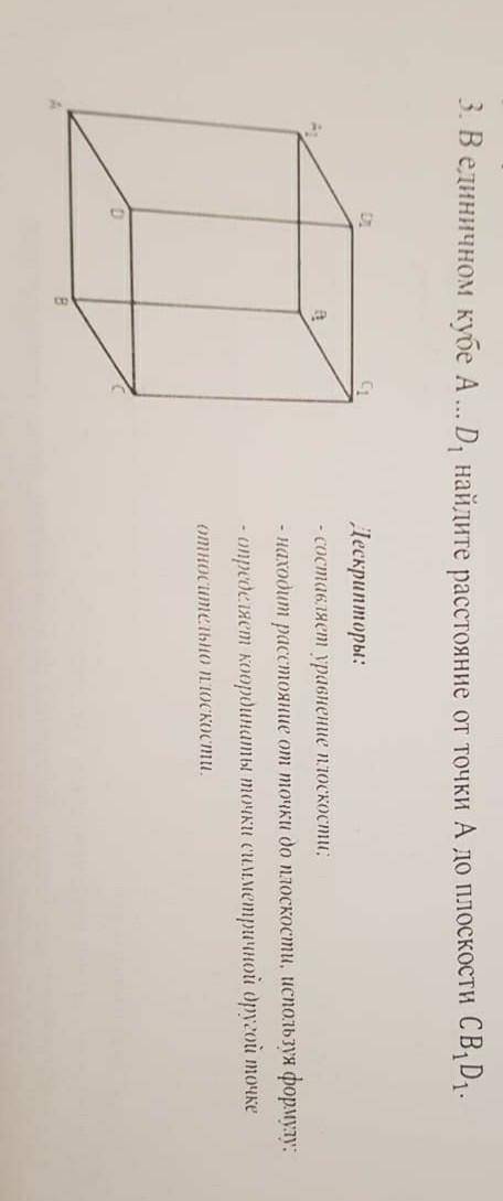 В единичном кубе А...Д1 найдите расстояние от точки А до плоскости СВ1Д1