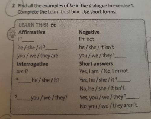 2 Find all the examples of be in the dialogue in exercise 1. Complete the learn this! box. Use short