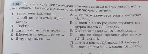 Відновіть складнопідрядні речення з'єднавши їх частин з правої та лівої колонки. визначте вид кожног