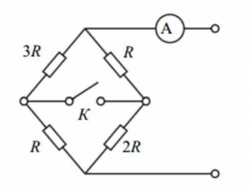 У скільки разів зміняться покази амперметра під час замикання вимикача К, якщо загальна напруга, яка