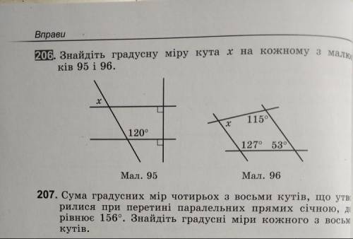 Знайдіть градусну міру кута х на кожному з малюнків 95 і 96