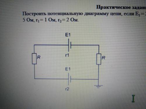 Построить потенциальную диаграмму цепи, если E1=20В, E2=45В, R1=4 Ом, R2=5 Ом, r1=1 Ом, r2=2 Ом