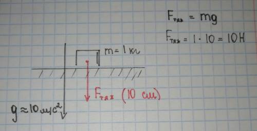 2. Изобразите на чертеже силу тяжести, действующую на гирю массой 1 кг. Выберите масштаб: 1 см соотв