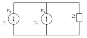 Найти распределение токов, если Е1=17 В, Е2=10 В, r1=1 Ом, r2=2 Ом, R=12 Ом. Расчет произвести метод