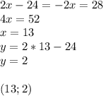 2x-24=-2x=28\\4x=52\\x=13\\y=2*13-24\\y=2(13;2)