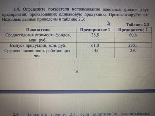 2.4. Определите показатели использования основных фондов двух предприятий, производящих одинаковую п