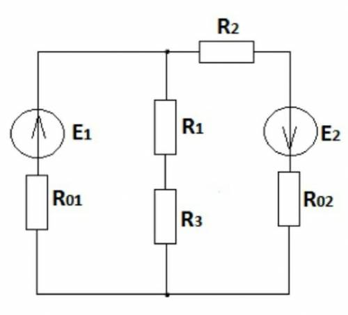 Определить токи во всех ветвях цепи, если эдс источников Е1 и Е2, внутренние сопротивления R. 01 и R