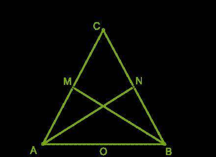 В координатной системе находится равнобедренный треугольник ABC (AC=BC). Проведены медианы AN и BM к