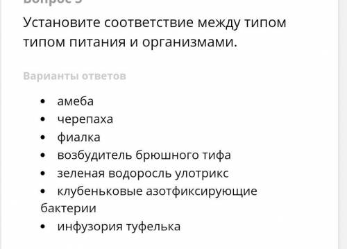 Установите соответствие между типом типом питания и организмами. (АВТОТРОФЫ - ГЕТЕРОТРОФЫ) Варианты