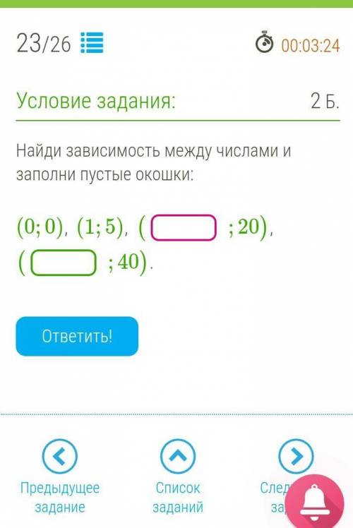 Найди зависимость между числами и заполни пустые окошки: (0;0),  (1;5),  (;20),  (;40). ответить