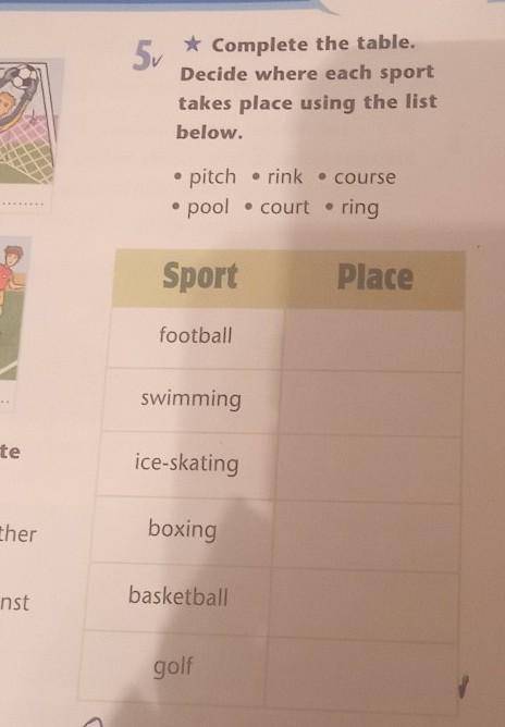 5 * Complete the table. Decide where each sport takes place using the list below. pitch rink • cours