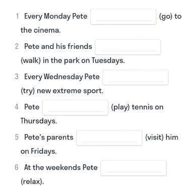 Look at the pictures showing Pete's schedule of afterschool activities and complete the sentences wi