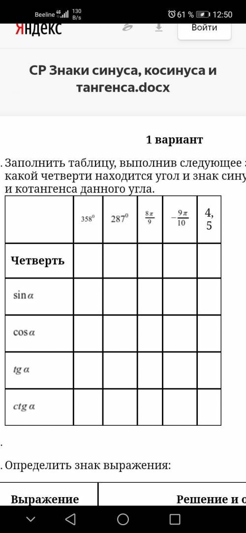 . Заполнить таблицу, выполнив следующее задание: определить в какой четверти находится угол и знак с
