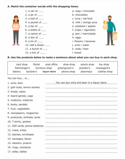 A. Match the container words with the shopping items. 1. a can of 2. a jar of 3. a loaf of 4. a p