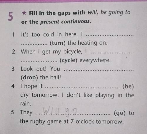 5 Fill in the gaps with will, be going to or the present continuous.