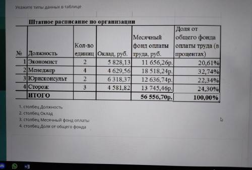 Укажите типы данных в таблице Штатное расписание по организации Доля от Месячный общего фонда Кол-во