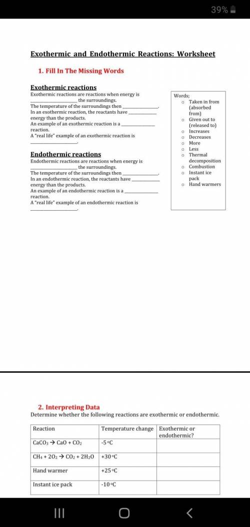 Exothermic and Endothermic Reactions: Worksheet 1. Fill In The Missing Words Exothermic reactions Ex