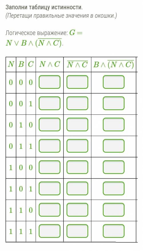Заполни таблицу истинности. (Перетащи правильные значения в окошки)
