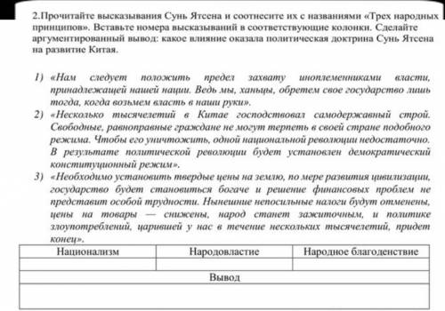 Прочитайте высказывания Сунь Ятсена и соотнесите их с названиями «Трех народных принципов». Вставьте