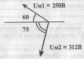 Два напряжения Um1=250в и Um2=312в имеющие место в электрической цепи, представлены на рисунке векто