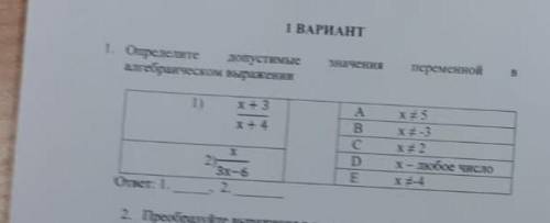 Определите допустимые значения переменной в алгебраическом выражении1) х+3/х+42)х/3х-6А х≠5B x≠-3C x