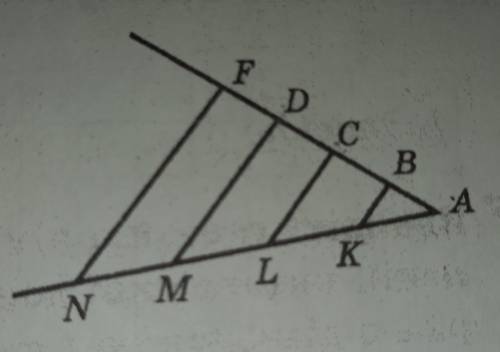 На рисунку BK || CL || DM || FN, AB=BC=CD=DF=3 см. Знайдіть MK, якщо: NK=6 см.