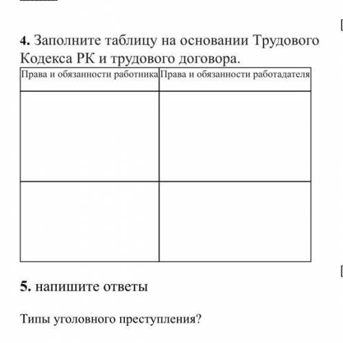 Заполните таблицу на основании Трудового Кодекса РК и трудового договора.