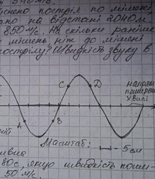 визначити величину амплітуди коливань,довжину хвилі,напрям швидкості в кожній точці,відстань, яку пр
