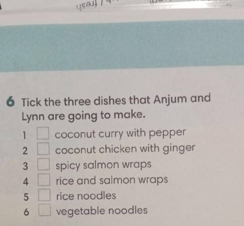 Tick the three dishes that Anjum and Lynn are going to make. 1 coconut curry with pepper2 coconut ch