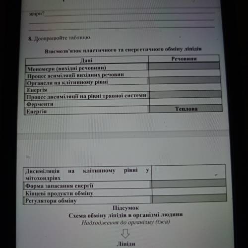 Взаємозв'язок пластичного та енергетичного обміну ліпідів. Заповнити таблицю.