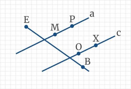 Дано две прямые a и b, и точки M,P,O,X,E,B - найти, какие из отрезков являются параллельными на рису