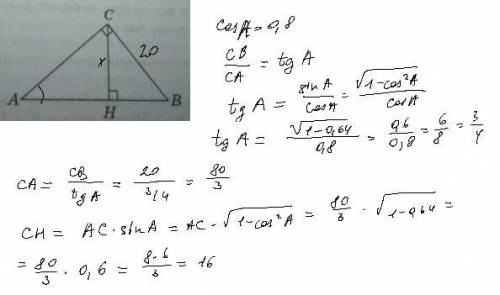 В треугольнике АВС угол С равен 90°, ВС= 20, соs A =0,8. Найдите высоту СН