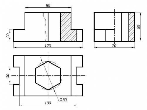 Перечерить условия задачи, построить фронтальный и профильный разрезы, соединив их с половиной вида