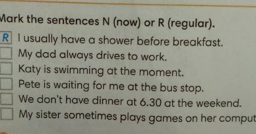2 1 2 3 Mark the sentences N (now) or R (regular). R I usually have a shower before breakfast. My da