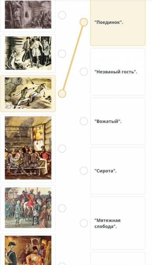 Определите какая картинка подходит к какой главе Главы:Приступ,Сирота,Поединок,Мятежная слобо