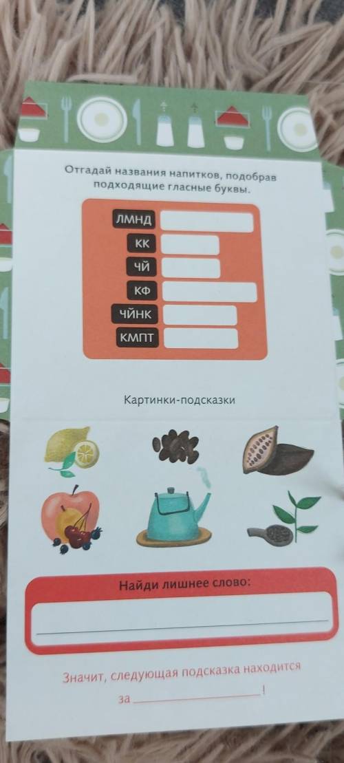 Отгадай названия напитков, подобрав подходящие гласные буквы. ЛМНД KK ЧИНК КМПТ Картинки-подсказки Н