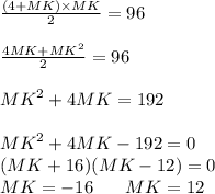 \frac{(4 +MK) \times MK}{2} = 96 \\ \\ \frac{4 MK + {MK}^{2} }{2} = 96 \\ \\ {MK}^{2} + 4MK = 192 \\ \\ {MK}^{2} + 4MK - 192 = 0 \\ (MK + 16)(MK - 12) = 0 \\ MK = - 16 \: \: \: \: \: \: \: \: MK = 12